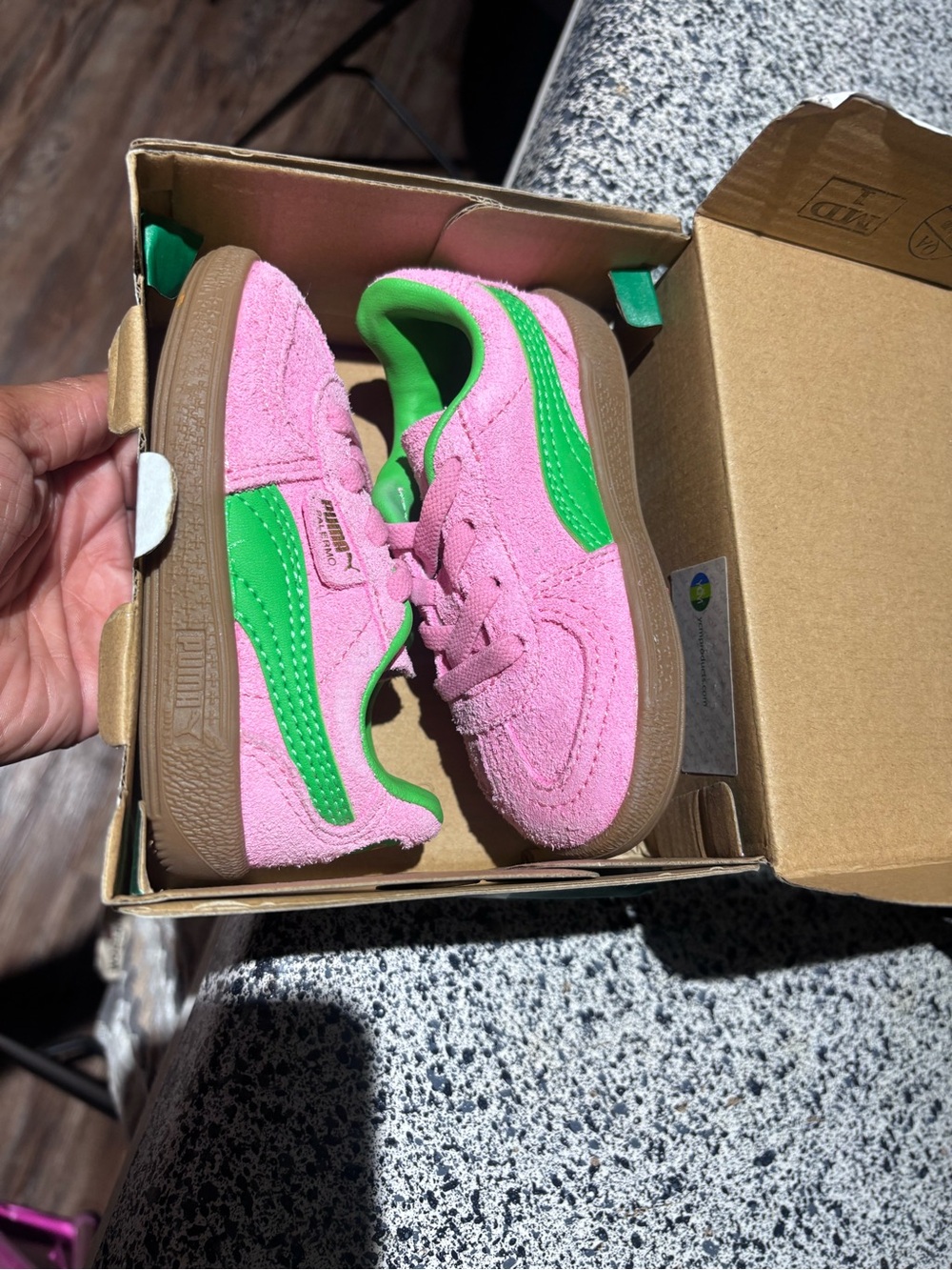 Puma Kids Pink Suede Sneakers with Bright Green Stripe